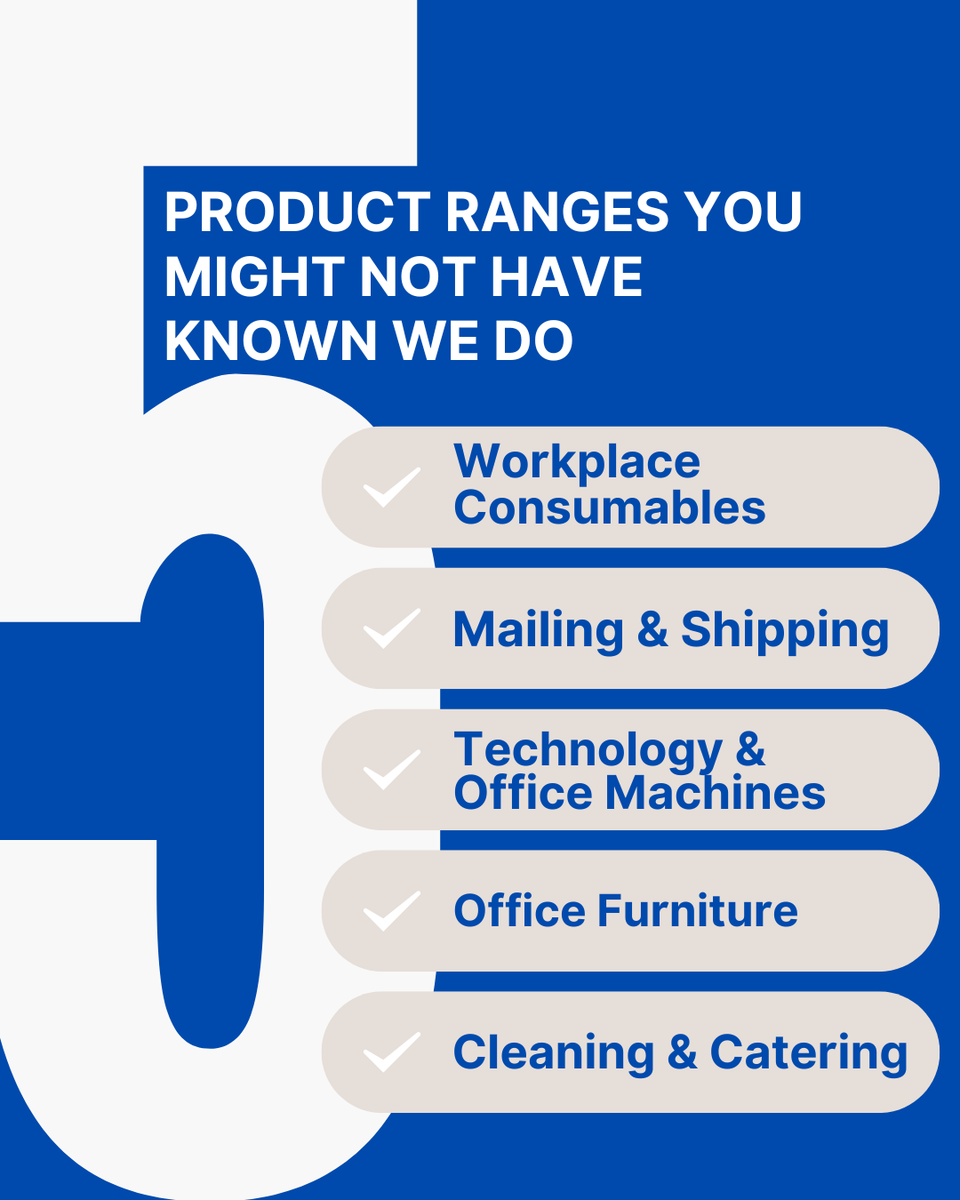 Product ranges you might not know we supply 👇
From furniture to catering and everything in between, we’re more than just stationery.
#peterborough #officesupplies #PeterboroughOfficeSupplies