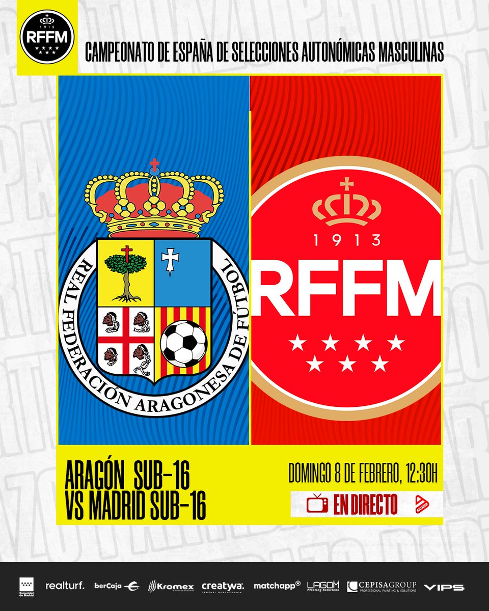 🙌🏻 ¡Qué domingo nos espera! 🏆

🔜 Doble duelo selecciones 'Siete Estrellas' 🆚 <a href="/futbolaragon/">Real Federación Aragonesa Fútbol</a>

⌚ 9:15h Tercer y cuarto puesto Primera División #Sub14Masculina 

⌚ 12:30h FINAL Primera División #Sub16Masculina 

📺 En directo en RFFM PLAY ▶️ 

#CESA | #VamosMadrid ♥️