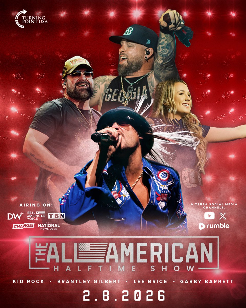 Turning off the woke halftime show today and turning on the real deal. Tune into <a href="/TPUSA/">Turning Point USA</a>’s All-American Halftime Show because America deserves better. Who’s switching over? 🏈➡️🇺🇸 #FaithFamilyFreedom