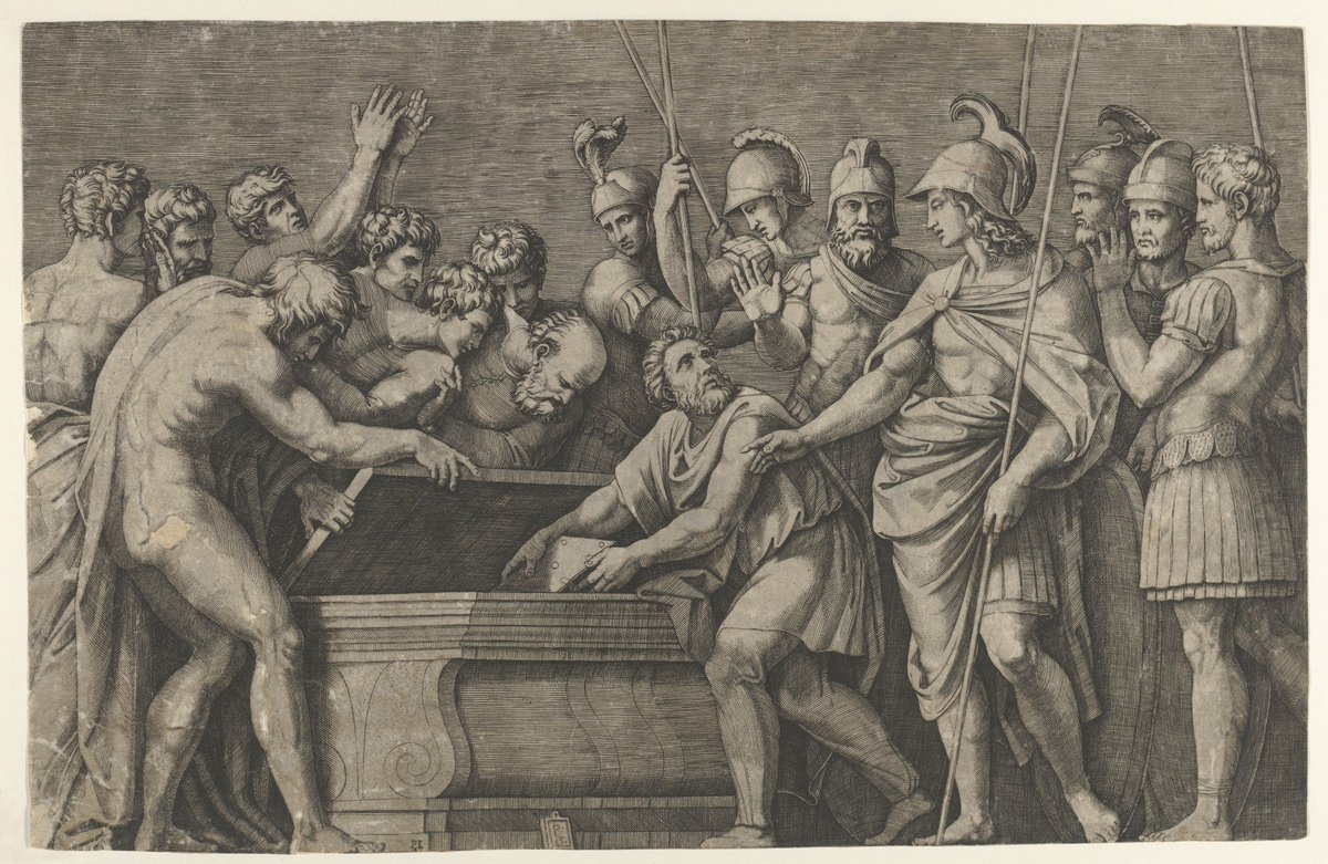 occult__culture's tweet image. Alexander the Great commanding that the work of Homer be placed in the tomb of Achilles, Marcantonio Raimondi (ca. 1500–34)