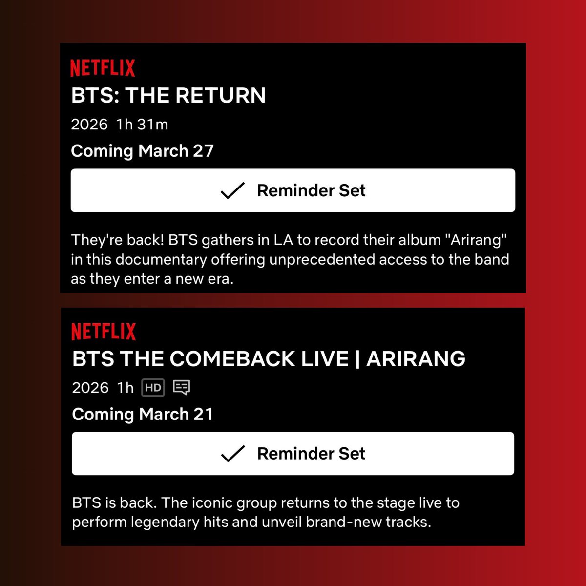 boracitybrc's tweet image. Don’t forget to go on @netflix, search ‘BTS’ up and click ‘Remind Me’ on both upcoming events ‘BTS THE COMEBACK LIVE | ARIRANG’ and ‘BTS THE RETURN’!

Coming soon respectively on March 21st &amp;amp; March 27th #BTSxNetflix