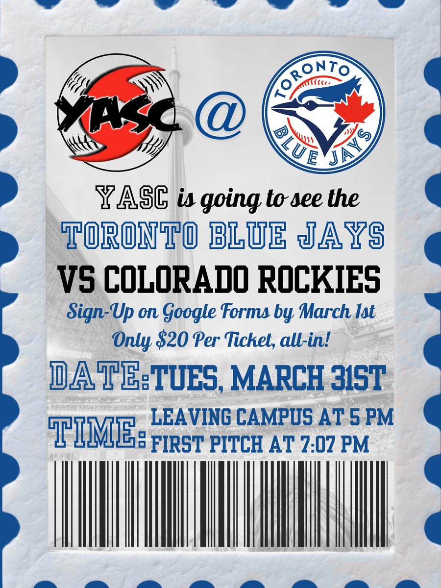 YASC_online's tweet photo. YASC is headed to a Jays game Tuesday March 31st! We’ll leave campus at 5pm sharp and head to the Rogers Centre via TTC Subway! If you wish to attend, please sign up using the link below and e-transfer $20 for your ticket to yasc87@gmail.com ASAP. https://t.co/FI8qET4OiN https://t.co/XjVE6M82Y3