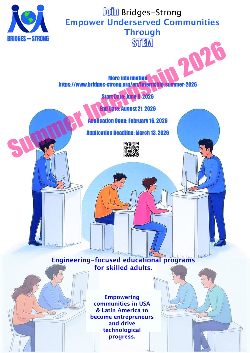 bridges_strong's tweet photo. We are offering remote Summer 2026 internships!
High school seniors & college students — help bring practical engineering education to underserved communities, create content in English & Spanish, and support innovation that reaches Earth… and beyond 🚀

📅 Jun 8–Aug 21 | 30 hrs/wk | Fully remote 

Apply: Feb 16–Mar 13 → https://t.co/Sz3YO02chA

#STEM #Internship #EducationEquity #Engineering #BridgesStrong