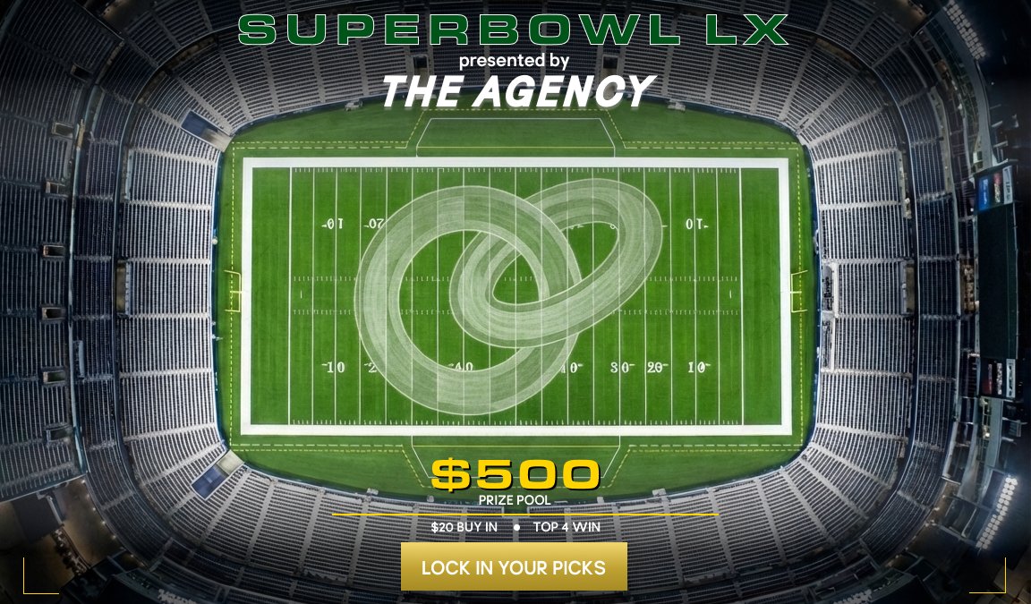 theagency_game's tweet photo. Super Bowl Game  is LIVE

$20 buy in → $500 bonus pot → top 4 win

Think you know what's gonna happen tomorrow? Build your roster and prove it.

https://t.co/lqAXuRrNst https://t.co/MVKaUmtmL2