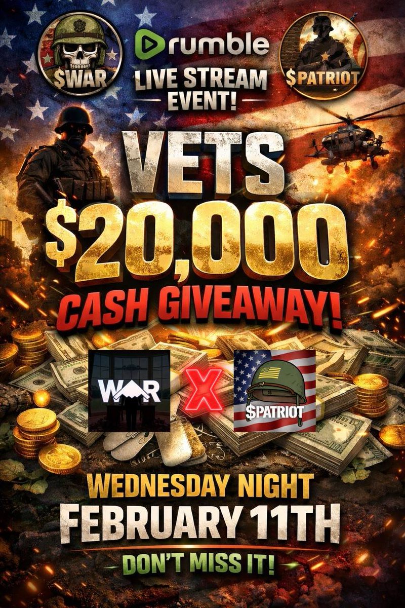Last week’s $10,000 giveaway stream for veterans exceeded every expectation - and that momentum is turning into something even bigger.

This Wednesday night, February 11 (EST), $PATRIOT and $WAR are backing a $20,000 LIVE giveaway on streamfor some truly deserving U.S. veterans.