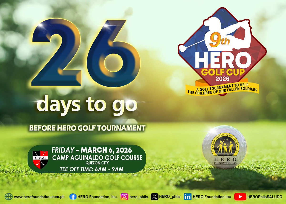 9th Hero Golf Cup 2026
March 6, 2026 - Friday

Ticket are now available!
Price: P3,500 (Inclusive of Green Fee + Registration Fee, Caddy, Lunch and Raffle)
Contact: Ms. Camille Cataluña at
(02) 8912 0361 / 0915 6270780 
or email info@herofoundation.com.ph 
#HeroGolfCup2026 #golf