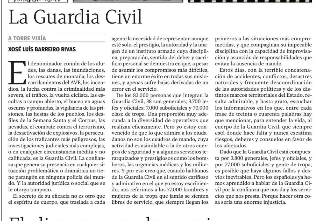 Gracias por reflejar  lo que implica ser Guardia Civil.🫡

“El Guardia Civil no debe ser temido, sino de los malhechores; ni temible, sino de los enemigos del orden. Procurará ser siempre un pronóstico feliz para el afligido…”
Por 🖊 Xosé Luís Barreiro Rivas <a href="/lavozdegalicia/">La Voz de Galicia</a>