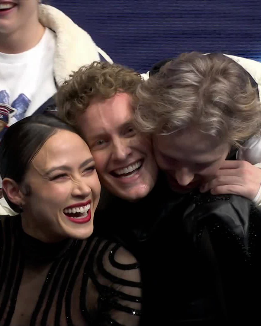 NBCOlympics's tweet image. All love from Ilia Malinin to Madison Chock and Evan Bates after their Free Dance! 🥹