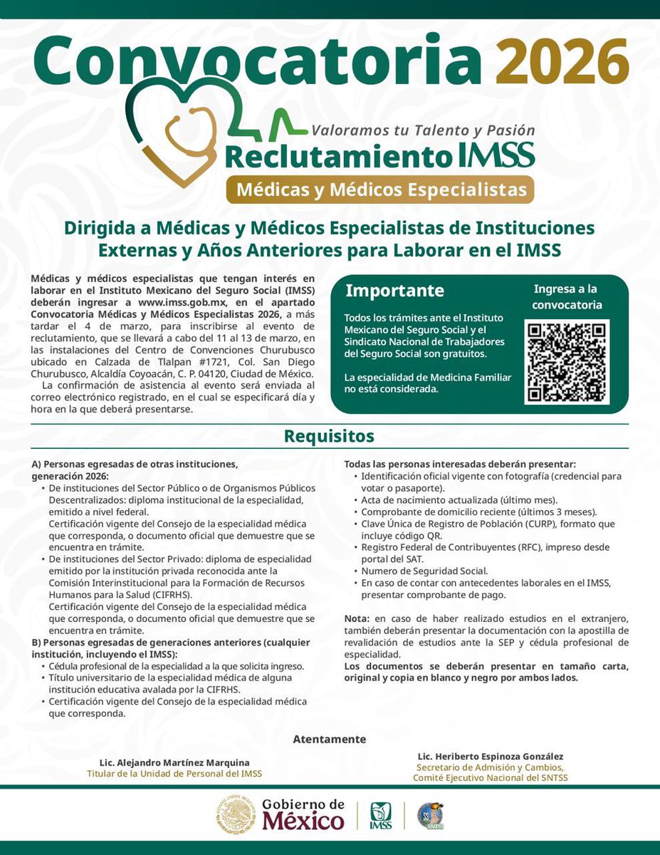Tu_IMSS's tweet photo. 📢  Convocatoria 2026 | Si eres médica o médico especialista, esta es tu oportunidad de formar parte del IMSS.

Consulta bases, requisitos y fechas en 👉 https://t.co/sqSqyL5j7W

Súmate a transformar la atención médica en #México. 💚 https://t.co/Co4S6fNlgD