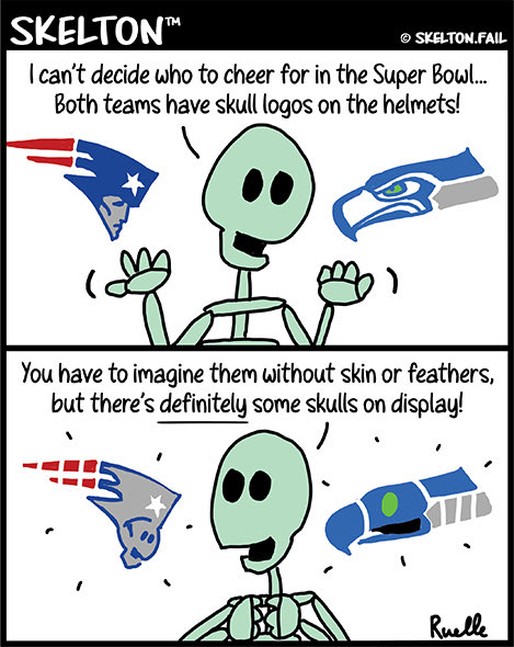 Skeltonfail's tweet photo. Skelton – Go SeaPatriots! 🏈
#Skelton #notfail #webcomic #comicstrip #skeleton #cheer #superbowl #football #seahawks #patriots #team #helmet #skulls https://t.co/KVTVSI8B49