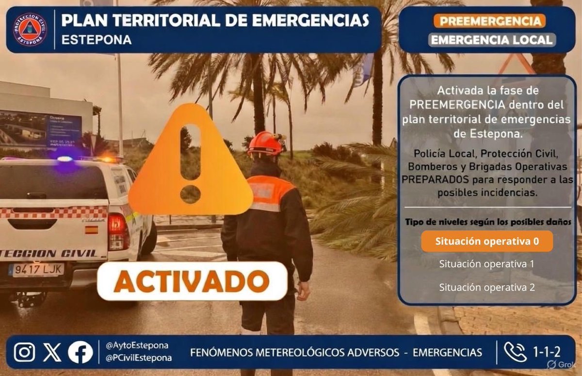 🟥 𝗣𝗟𝗔𝗡 𝗧𝗘𝗥𝗥𝗜𝗧𝗢𝗥𝗜𝗔𝗟 𝗗𝗘 𝗘𝗠𝗘𝗥𝗚𝗘𝗡𝗖𝗜𝗔𝗦 𝗟𝗢𝗖𝗔𝗟

El <a href="/AytoEstepona/">Ayto de Estepona</a> informa que, tras la finalización del aviso naranja por fenómenos meteorológicos adversos, el Plan Territorial de Emergencias Local (PTEL) desciende a fase de preemergencia, quedando