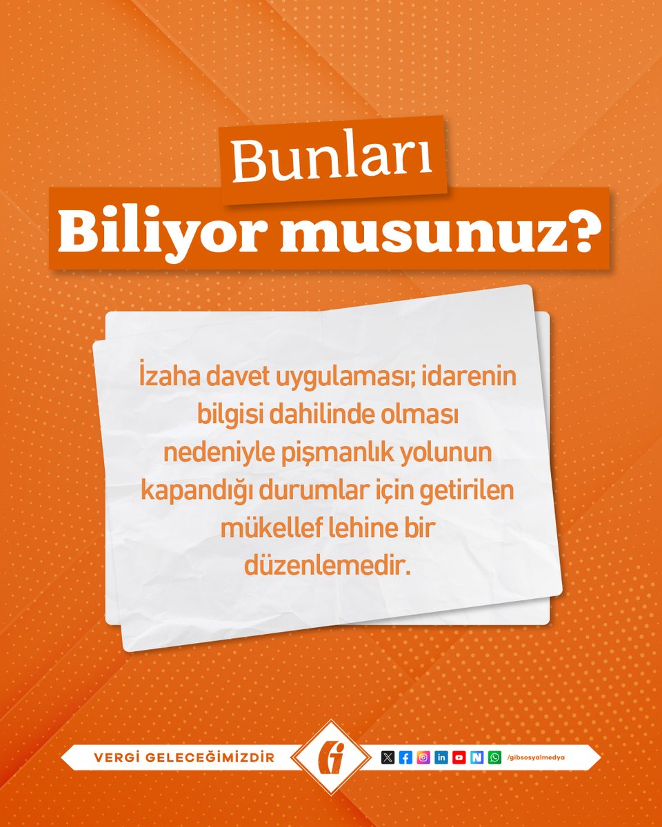 🤔 #BunlarıBiliyormusunuz?

Vergiye gönüllü uyumun artırılması, vergiye uyum maliyetinin azaltılması ve kayıt dışı ekonomi ile etkin bir şekilde mücadele edilmesi amaçlarıyla, 213 sayılı Vergi Usul Kanununun 370 inci maddesinde “İzaha Davet” uygulaması düzenlenmiştir.

#GİB
