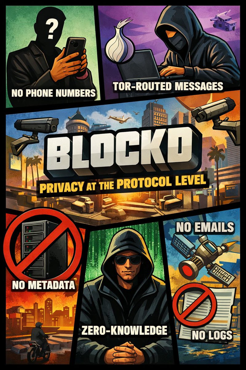 Blockd_ai's tweet photo. Encryption protects messages.
Metadata exposes lives.

Blockd removes identity and metadata at the protocol level — not by policy, not by trust.

No phone numbers.
No emails.
No logs.
No direct paths. 

#PrivacyTech
#CryptoNative
#SurveillanceState
#ZeroKnowledge
#TorNetwork https://t.co/FrxOEENEv0