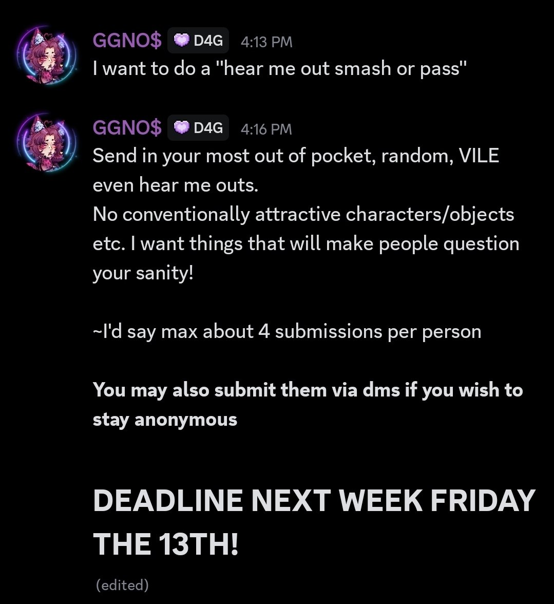 DOING AN OUT OF POCKET HEAR ME OUT FOR FRIDAY.😈
SUBMIT THEM IN THE DISCORD THREAD OR VIA DMS!
Discord in replies👇