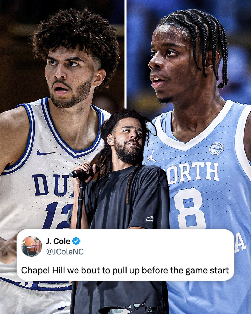 espn's tweet photo. J. Cole pulling up to Chapel Hill 👀

Watch No. 4  Duke-No. 14 North Carolina at 6:30 PM ET on ESPN and the ESPN App 🍿 https://t.co/l9ZQVC1fNt