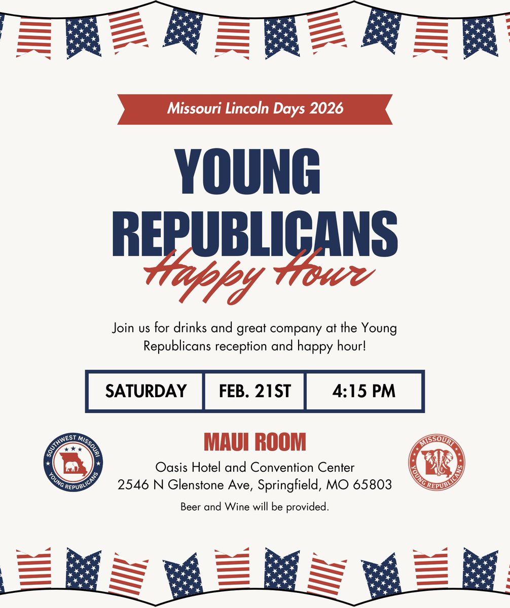 swmoyr's tweet photo. Drinks and great company at the Young Republicans Happy Hour during Missouri Lincoln Days, co-hosted by @missouriyrs and @swmoyr. In the Maui Room at the Oasis Hotel and Convention Center. Beer and wine provided. https://t.co/AUcPUHPVsi