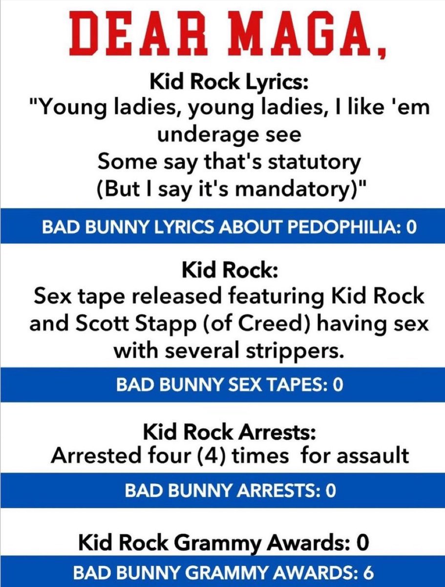 <a href="/NickAdamsinUSA/">Nick Adams</a> The Super Bowl halftime performance is actually, Bad Bunny. The toilet paper USA performance is Kid Rock. The man who has a song about raping children.