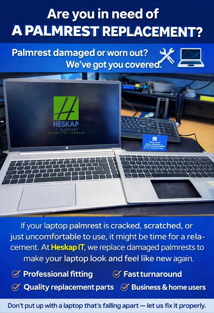 Palmrest damaged or worn out? We’ve got you covered. 💻
If your laptop palmrest is cracked, scratched, or just uncomfortable to use, it might be time for a replacement. At #Heskap IT, we replace damaged palmrests to make your laptop look and feel like new again.
#LaptopRepairs