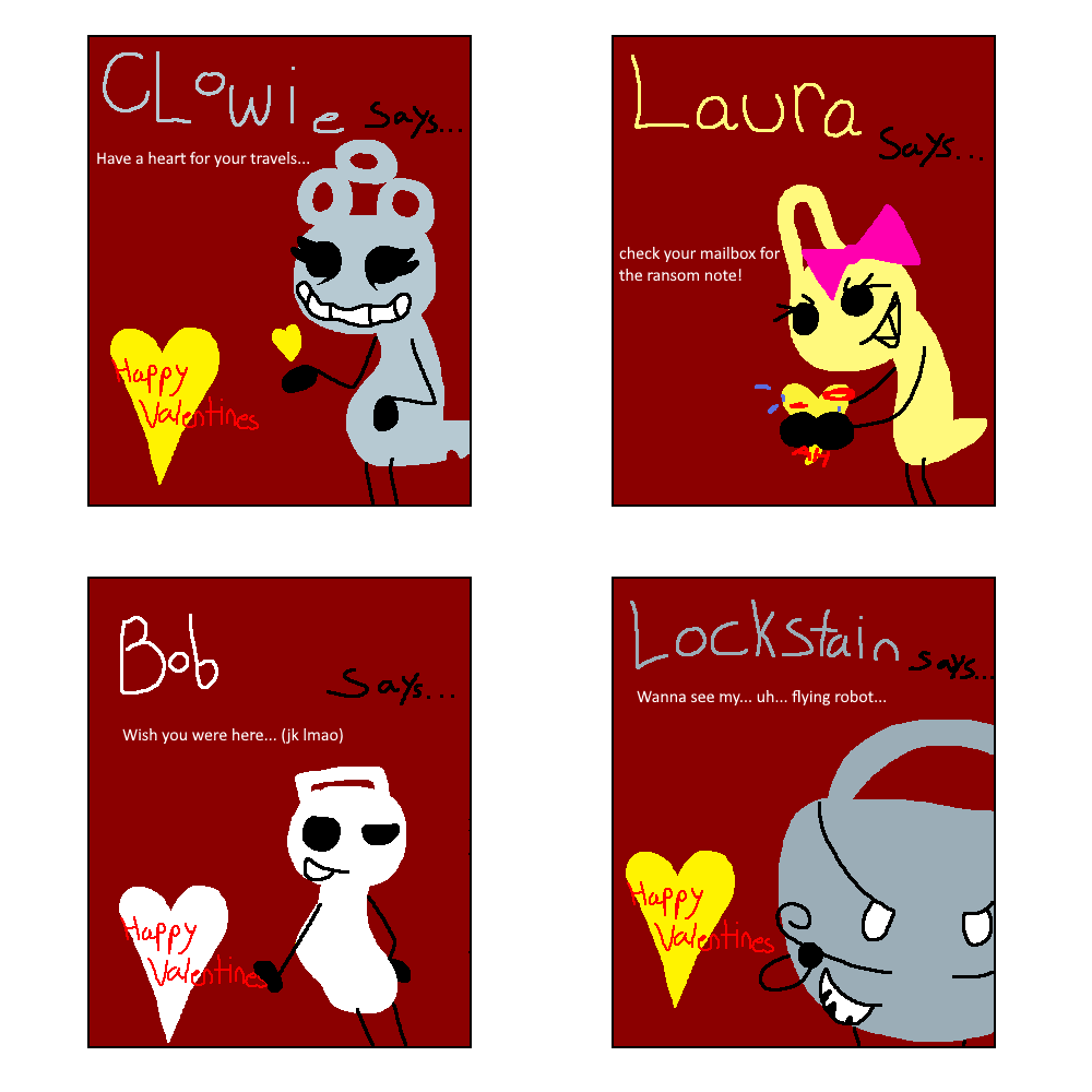 KeyGirlGame's tweet photo. well that was fun, heres some valentines cards we made! with captioning help from the discord! give them to your loved ones, hated ones, and other ones https://t.co/QfNcy4mnzJ