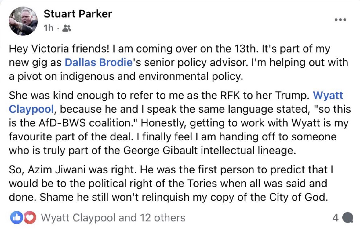 One B.C. drama never ends. 

Can’t decide what is more awkward, Stuart Parker comparing himself and Wyatt Claypool to the AfD-BWS - or his desire to help pivot the racist party on indigenous policy. 

Or maybe it’s that video of him talking about F—ing kids. #bcpoli #bcpolitics
