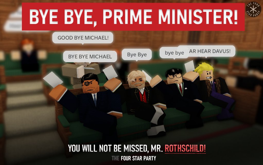 FourStarParty's tweet photo. 👋Prime Minister MichaelMRothschild has just announced that he will quit the community and resign his position. Thank god.

🖤The Four Star Party caucus had the opportunity to wave goodbye to Mr. Rothschild.

‼️SovsUK has just gotten a whole lot prettier! He will not be missed. https://t.co/7qn09tcPPU