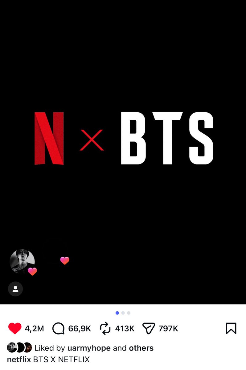 📊| Most liked Instagram posts on Netflix’ History !

#1. Stranger Things — 4.5M
#2. #BTS — 4.2M (+1)
#3. Wednesday — 3.9M/

✅ instagram.com/p/DURl368ka3P/…