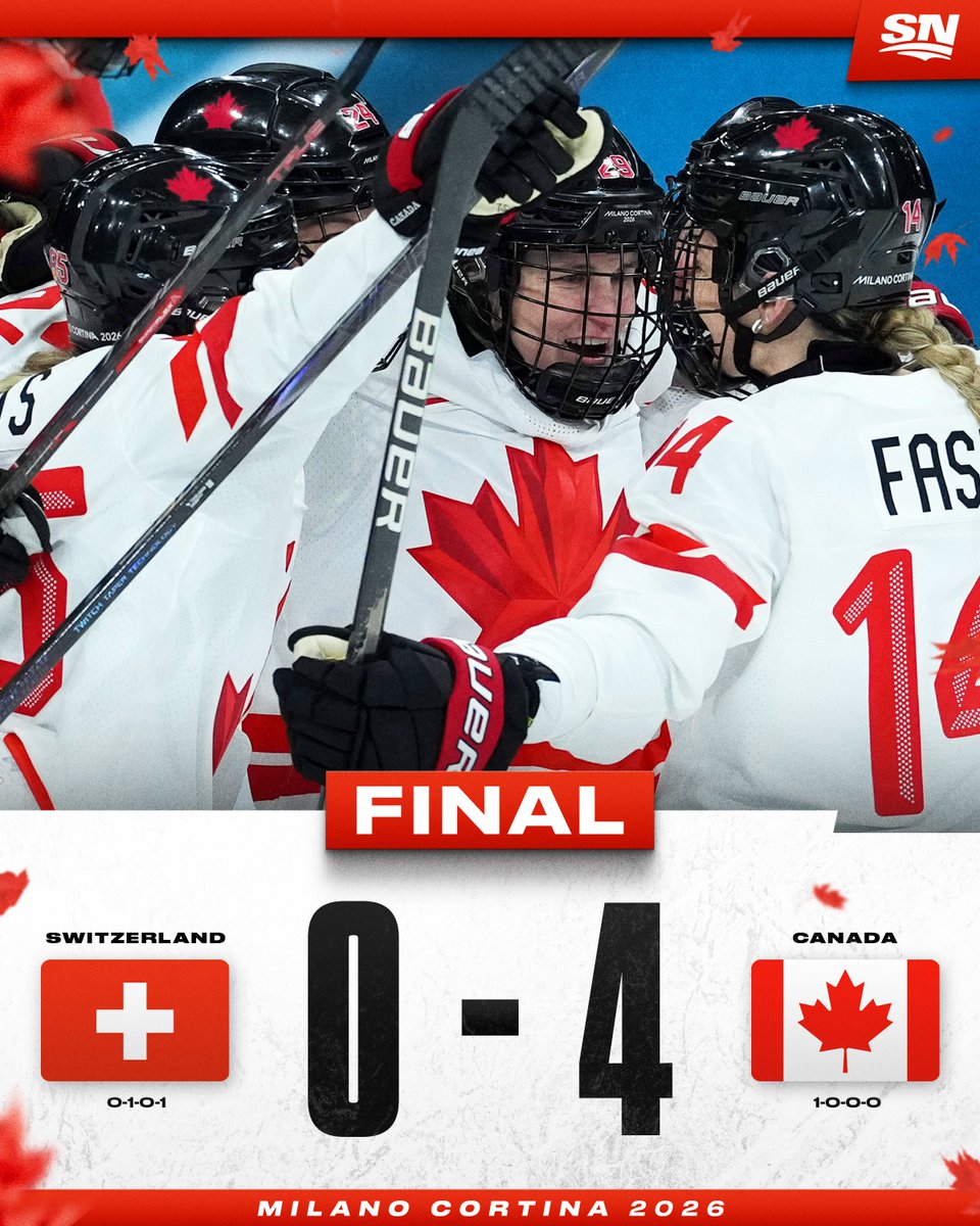 Sportsnet's tweet photo. STARTING STRONG 💪🇨🇦

Team Canada defeats Switzerland in their opening game at #MilanoCortina2026 👏 https://t.co/StYhX0leLd