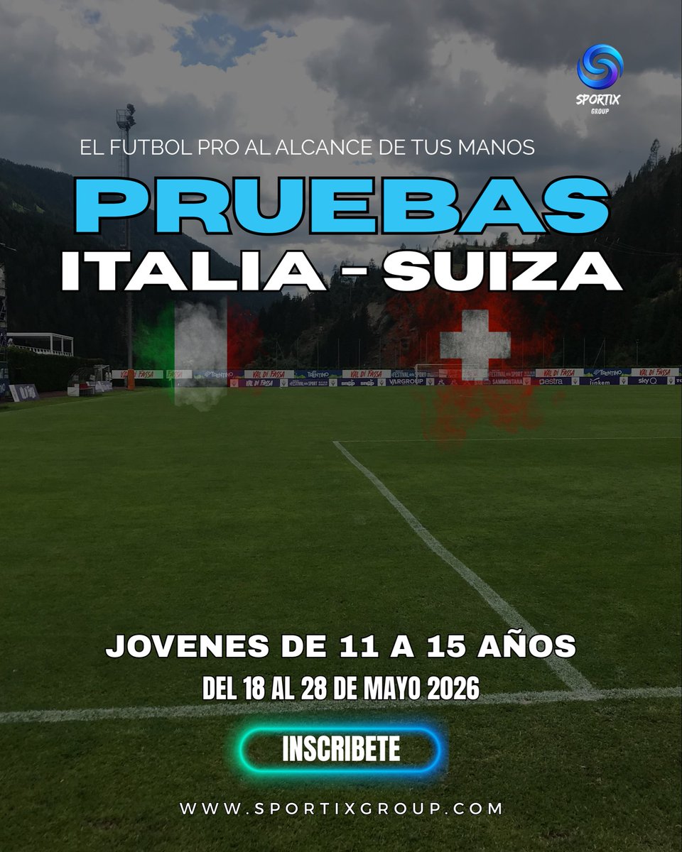 Sportixgroup's tweet photo. No esperes a ser mayor para vivir como un pro. Únete a la gira de 10 días por Italia y Suiza este mayo de 2026. Pon a prueba tu nivel contra equipos europeos
✅ Kit deportivo, traslados, entrenamientos y partidos de alto nivel contra clubes PRO.
👤 Jóvenes entre 11 y 15 años. https://t.co/oE4tIFkhYP