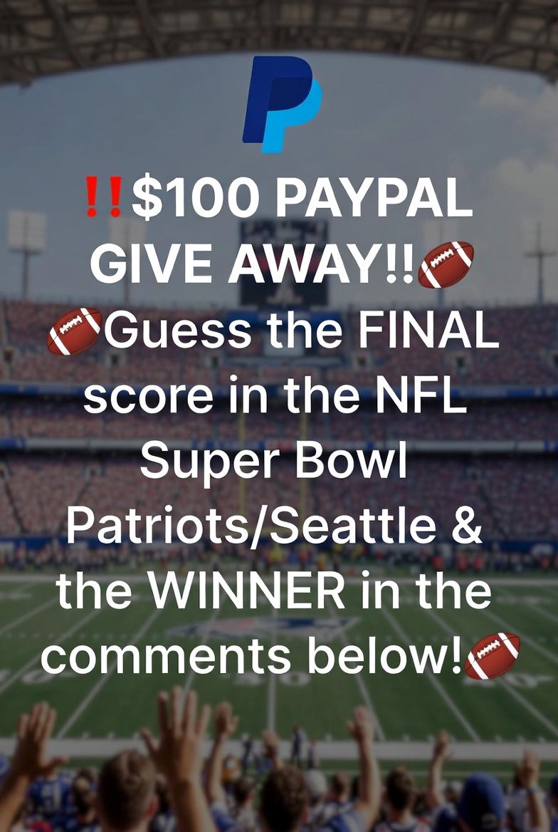 RazorSharpPicks's tweet image. ‼️$100 PAYPAL GIVE AWAY‼️

🏈Guess the FINAL score in the NFL Super Bowl Patriots/Seattle &amp;amp; the WINNER in the comments below!🏈

📢WINNER receives $100 via PAYPAL! If more then 1 hits, you split it.

👇TO WIN MUST👇

1) FOLLOW ME
2) FOLLOW @TheRSPNetwork 
2) RETWEET THIS

#NFL 💰