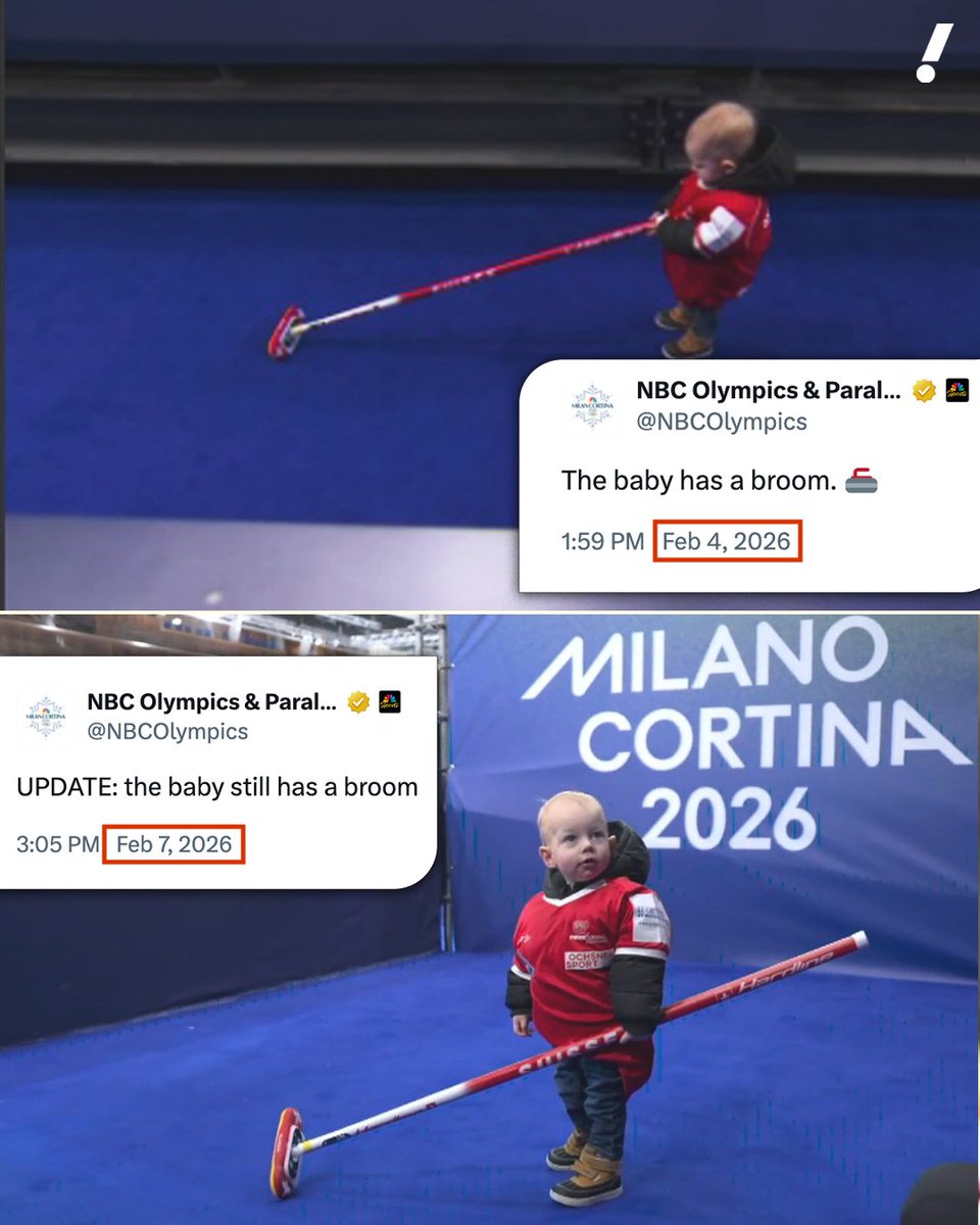 YahooSports's tweet photo. The baby still has the curling broom 😂 ❤️ https://t.co/v3KX3VB9g3
