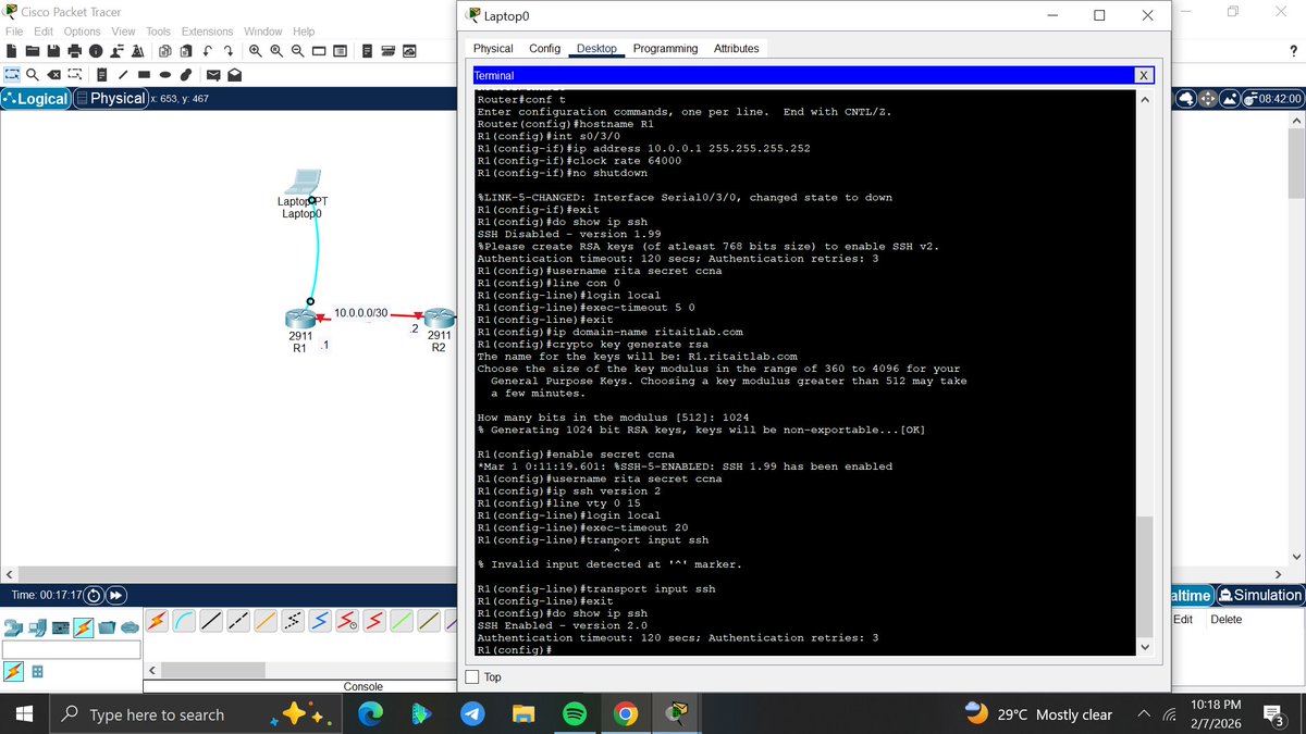 amyy_nwa's tweet photo. Day92/100 #100DaysOfNetworking
Today’s lab focused on Enabling SSH for encrypted login, set console passwords, and ensured all passwords were encrypted.
Also ensured secure remote management was possible.
@ireteeh @TemitopeSobulo @segoslavia https://t.co/2ErQO5KeaS