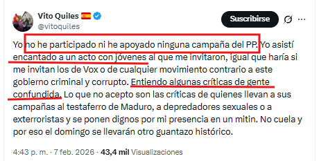 Jajajaja, Vito Quiles está tan acostumbrado a mentirle a sus seguidores que después de cerrar el acto de cierre de campaña del PP en Aragón dice que no ha apoyado ninguna campaña del PP.
Madre mía Vito, lo que te gusta el dinero y la mentira.