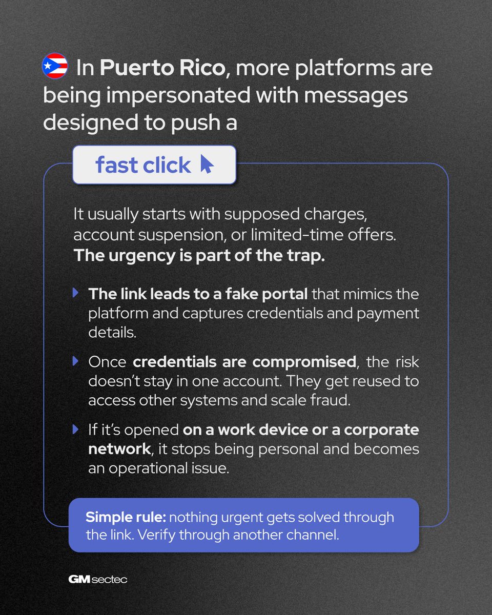 In Puerto Rico 🇵🇷 we’re seeing more platform impersonation with messages designed to push a fast click. The goal is to rush you with a charge, a suspension notice, a last warning, or an offer that sounds too good.

#PuertoRico #CredentialTheft #Phishing