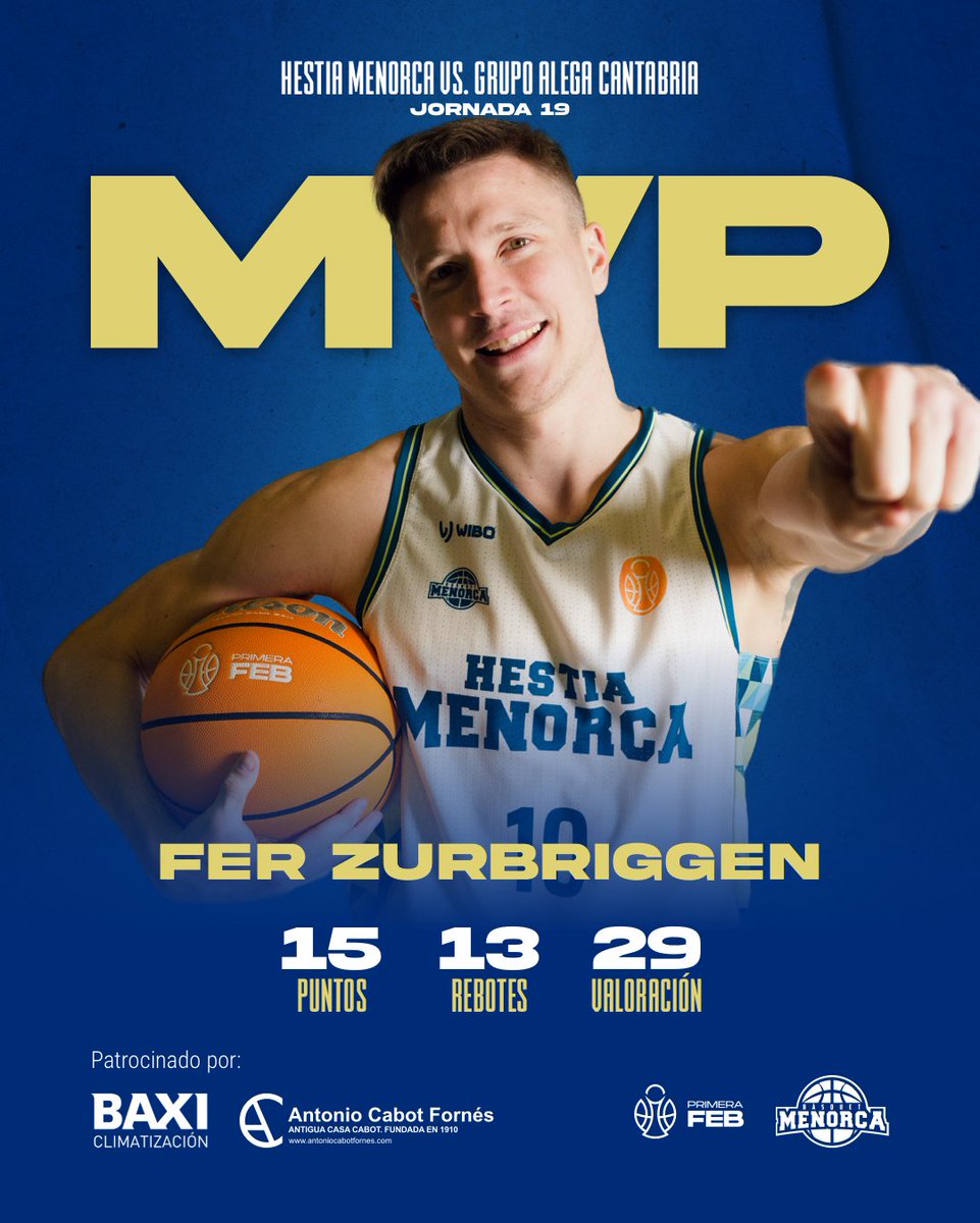 🔥 <a href="/BAXI_ES/">BAXI</a> 𝗠𝗩𝗣 𝗝𝟭𝟵 · Fer Zurbriggen (<a href="/FerZurbriggen/">Fernando Zurbriggen</a>) ⭐️

𝙑𝘼𝙇𝙊𝙍𝘼𝘾𝙄𝙊́𝙉: 2⃣9⃣
🔹 𝟭𝟱 𝗽𝘂𝗻𝘁𝗼𝘀
🔹 𝟭𝟯 𝗿𝗲𝗯𝗼𝘁𝗲𝘀
🔹 𝟱 𝗮𝘀𝗶𝘀𝘁𝗲𝗻𝗰𝗶𝗮𝘀

©️ By Antonio Cabot Fornés S.A.

𝐎𝐫𝐠𝐮𝐥𝐥 𝐝𝐞 𝐏𝐫𝐢𝐦𝐞𝐫𝐚!
#MenorcaCantabria #UnaillaUnequip #EsportsCIMe