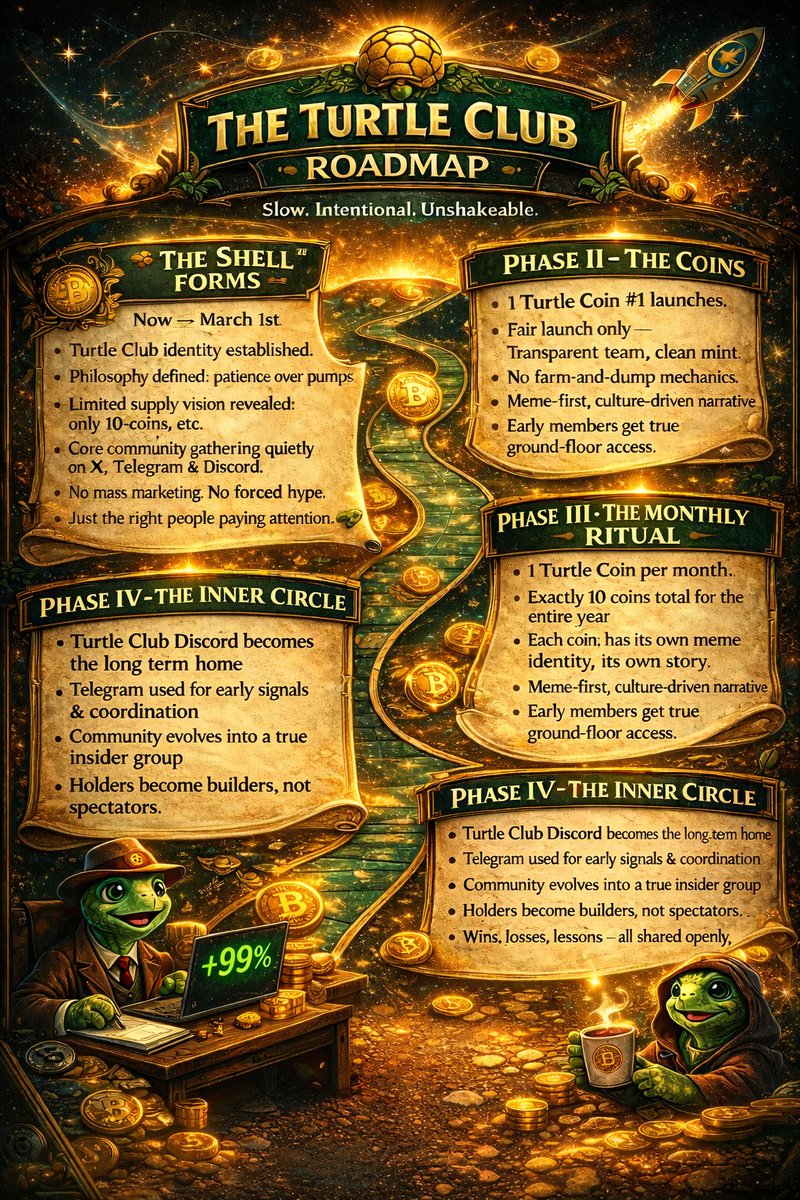 TurtleClubmogs's tweet image. 🐢 The Turtle Club Roadmap 🐢

No hype cycles.
No rushed launches.
No 1,000-coin spam.

Just a slow, intentional path:
• Community first
• 1 coin per month
• Only 10 coins total
• Built with patience, not pumps

If you believe real wins take time…
Welcome to the club. 🐢