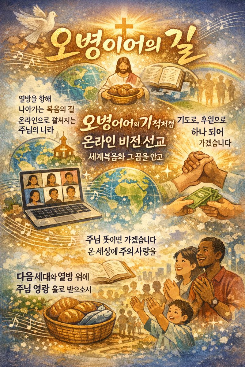 온라인선교대학의 비전을 담아
AI로 만든 찬양곡.
AI가 만든 이미지 파일의 오탈자가 오히려 귀엽습니다.
기도하는 마음으로 들어주세요.
가사는 유튜브 댓글에 넣어두었습니다.
온라인선교대학 오병이어의 기적 노래
youtu.be/UsvcsogGR6w?si…
온라인선교대학의 필요성 칼럼
upkoreanews.kr/news/articleVi…