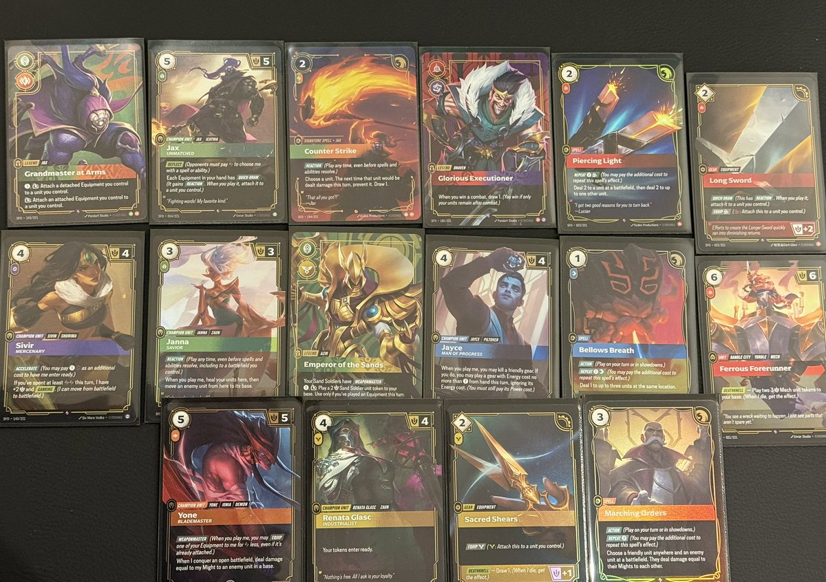 First Riftbound Spiritforged Pre-Rift event done, went 2-2

Got some pretty solid pulls

Jax is cool af

One more tomorrow, hoping to get an ezreal or irelia pre-con 

#RBSpiritforged