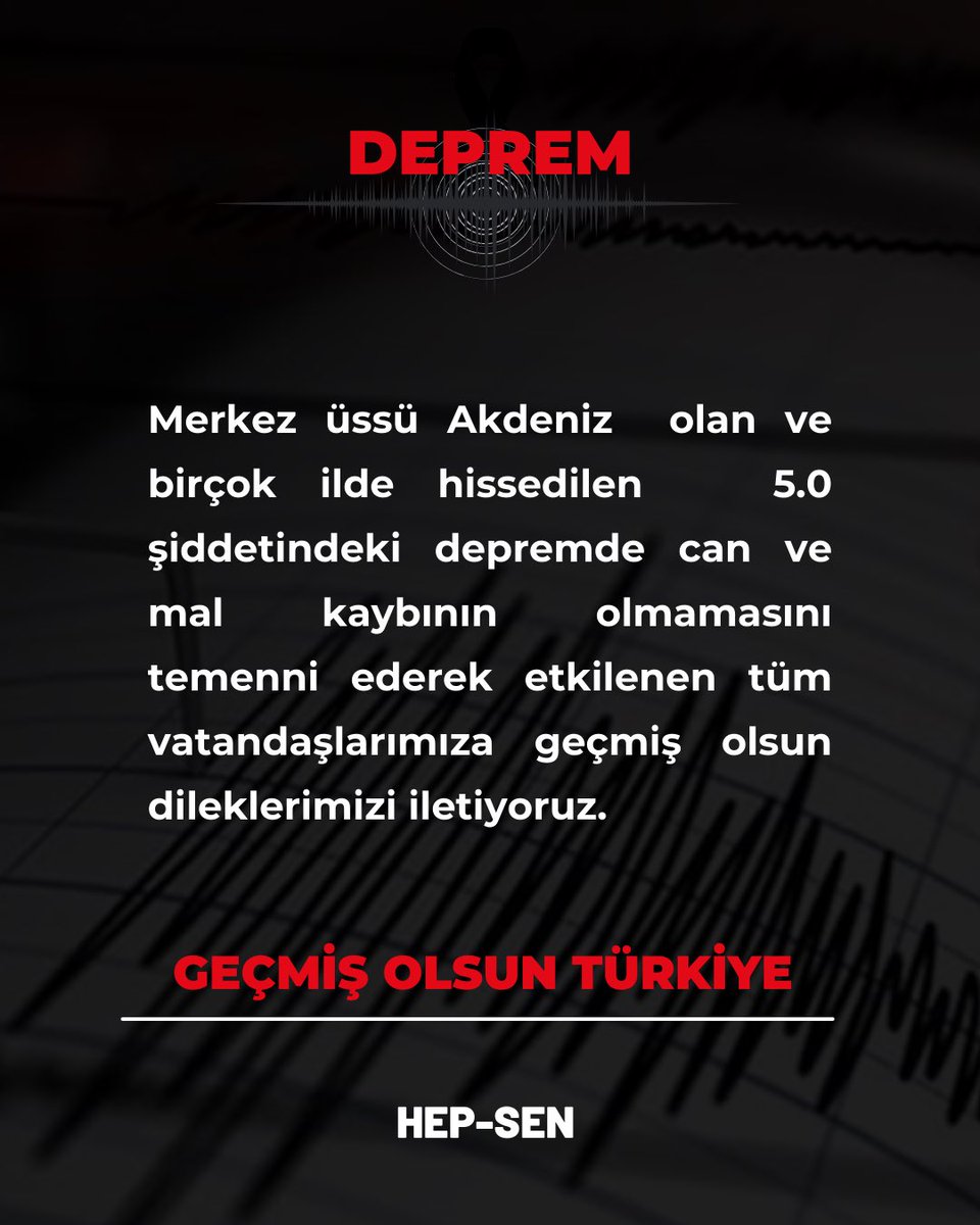 Merkez üssü Akdeniz olan ve birçok ilde hissedilen 5.0 şiddetindeki depremde can ve mal kaybının olmamasını temenni ederek etkilenen tüm vatandaşlarımıza geçmiş olsun dileklerimizi iletiyoruz.

HEP-SEN

#Deprem #Akdeniz
