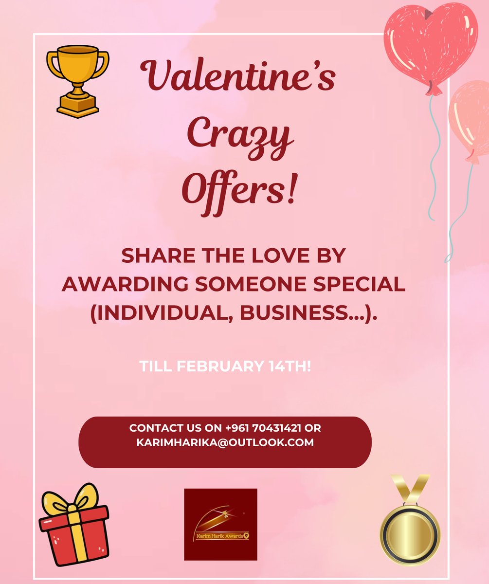 HARIKHOLDING's tweet photo. Valentine’s Crazy Offers!  @karimharikaward 

Huge discounts!

Share the love by awarding someone special (individual, business…).

Let them become an award winner!

Contact before it’s too late on +961 70431421 or karimharika@outlook.com

#Valentines #karimharikawards #awards https://t.co/qQzrsAvNIy