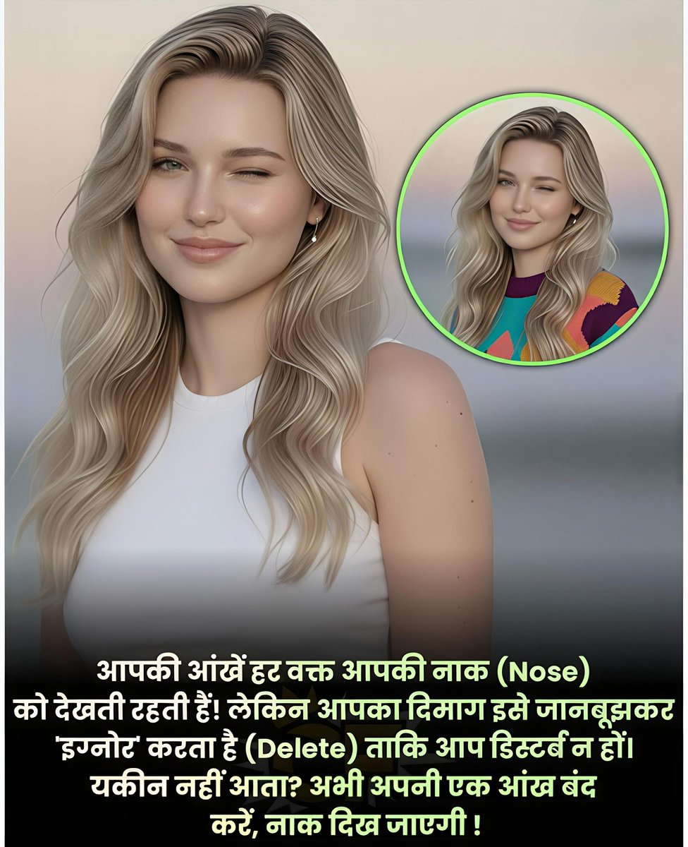 क्या आपको पता है हम अपनी नाक  को दिन रात देखते रहते हैं। 🥹😇

अपना दिमाग यह बात जानबूझकर इगनोर करता है। ताकि आप डिस्टर्ब न हो।

आप लोग एक आंख बंद करके अभी चेक करके बताएं।

क्या मैं  सही बोल रही हूं.....??

क्या सच में नाक दिखी आपको कृपया कमेंट बॉक्स में बताए.....!!