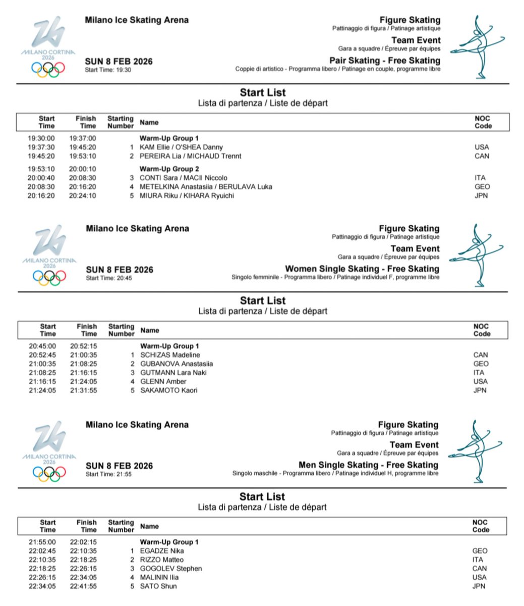 #ミラノコルティナ2026滑走順
団体決勝
2/9月
┏━━━━━━━━━━━━━━━━━┓
03:30〜ペアFS
 G1
   03:37〜🇺🇸カム/オシェイ
   03:45〜🇨🇦ペレイラ/ミショー
 G2
   04:00〜🇮🇹コンティ/マチー
   04:08〜🇬🇪メテルキナ/ベルラワ
   04:16〜🇯🇵三浦璃来/木原龍一