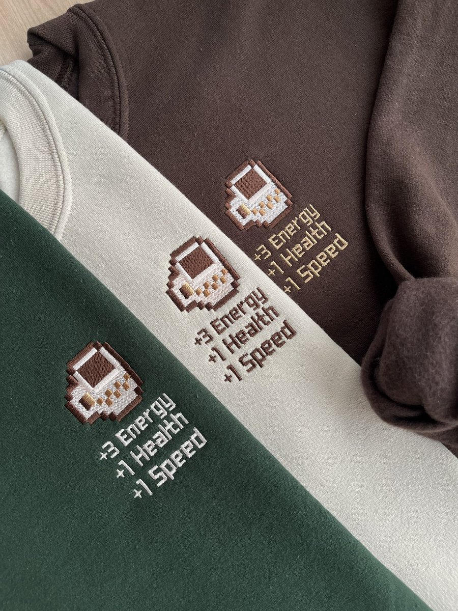 nooksneedlesco's tweet photo. cozy stardew coffee sweatshirts ☕️ https://t.co/34asNoCByW