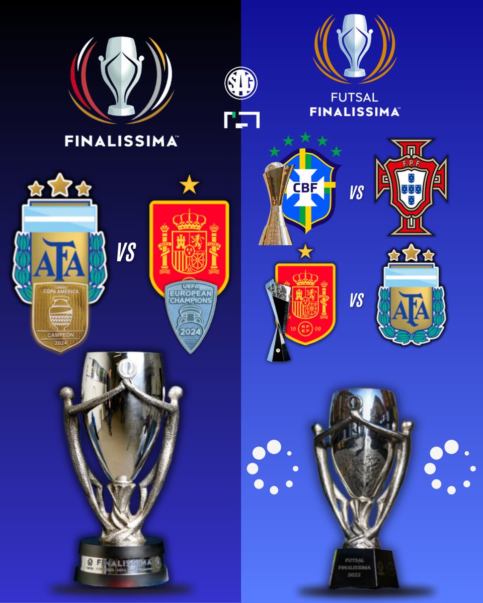 sagfutbol's tweet image. 🏆😍 Las Finalissimas del 2026 ahora con España campeona de la Euro de Futsal 

🏟️ Fútbol:
 🇦🇷 Argentina vs 🇪🇸 España 

🥅 Futsal:
🇧🇷 Brasil (campeón Copa América) vs 🇵🇹 Portugal (vice de Euro)
🇪🇸 España (campeón Euro) vs 🇦🇷Argentina (hice Copa América)

⚠️ En el marco de Futsal…