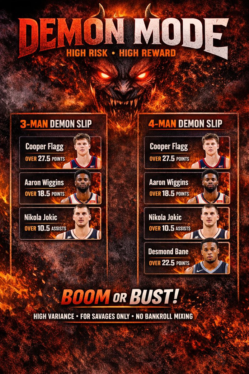 ProCluthPicks's tweet image. 😈 DEMON MODE LIVE 😈

3-man &amp;amp; 4-man DEMON slips only
No goblins. No freebies. No bankroll mixing

If you’re built for swings and chasing real payouts, you know what to do
If not, don’t force it

💥 Boom or bust
Tap in
#goblins #prizepickslocks