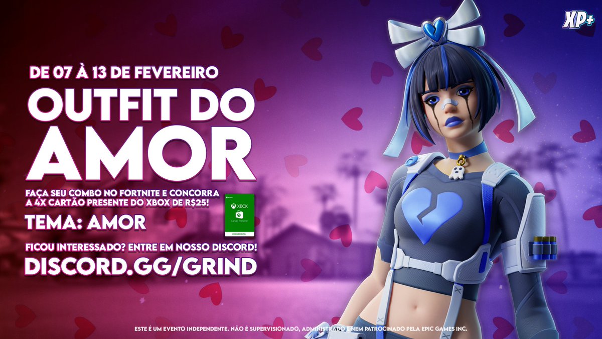 💘 PARTICIPE DO OUTFIT DO AMOR!

Monte seu combo amoroso no #Fortnite e concorra a 4x Cartão Presente do Xbox de R$ 25!

Ficou interessado? Entre em nosso Discord! 🔗