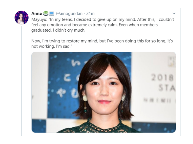 [Mayuyu and Watanabe Mayu]

For many fans, "Mayuyu" was the ideal idol.
But behind that image was Watanabe Mayu, quietly carrying a burden most people never saw

In her teens, she admitted that she suppressed her own emotions in order to be this perfect portrayal of Idol

She