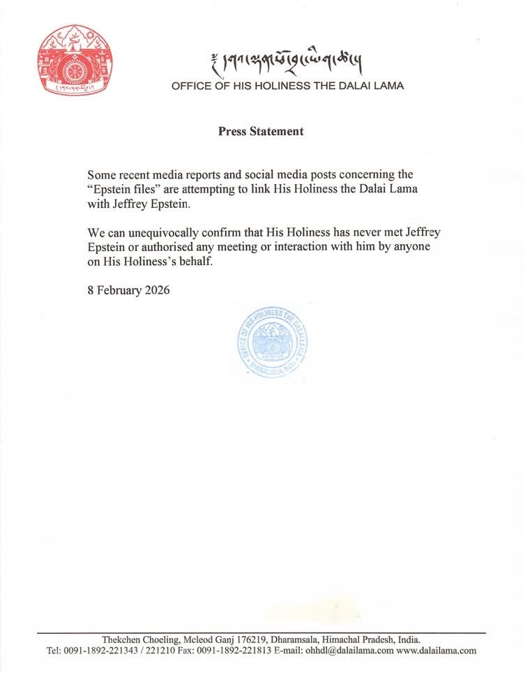 CTA_TibetdotNet's tweet photo. Press Statement

Some recent media reports and social media posts concerning the “Epstein files” are attempting to link His Holiness the 14th Dalai Lama with Jeffrey Epstein.

We can unequivocally confirm that His Holiness has never met Jeffrey Epstein or authorised any meeting or interaction with him by anyone on His Holiness’s behalf.

8 February 2026
