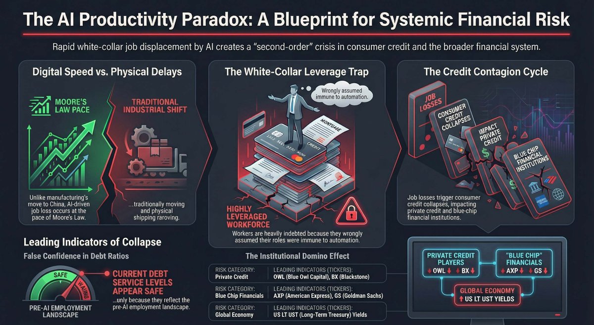 simonnextclick's tweet image. The below text argues that the financial sector is dangerously ignoring how artificial intelligence could trigger a massive consumer credit crisis by rapidly displacing white-collar workers. Unlike previous industrial shifts that took years to unfold, this modern transition is…
