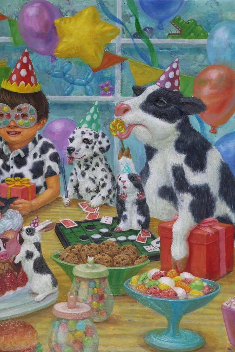 r_swamp83's tweet photo. 「まねっこフレンド」「Imitating friend」
2025 A2サイズ oil on paper
動物達は生まれつきの模様を持っているけれど人間の子供は周りに合わせた模様の服を来ている。人間の子供の誕生日なのに動物達の視線は‥
シニカルな絵として描いてみました。
#まねっこ #油彩  #oilpainting #誕生日 https://t.co/IV7PpPT0Fq