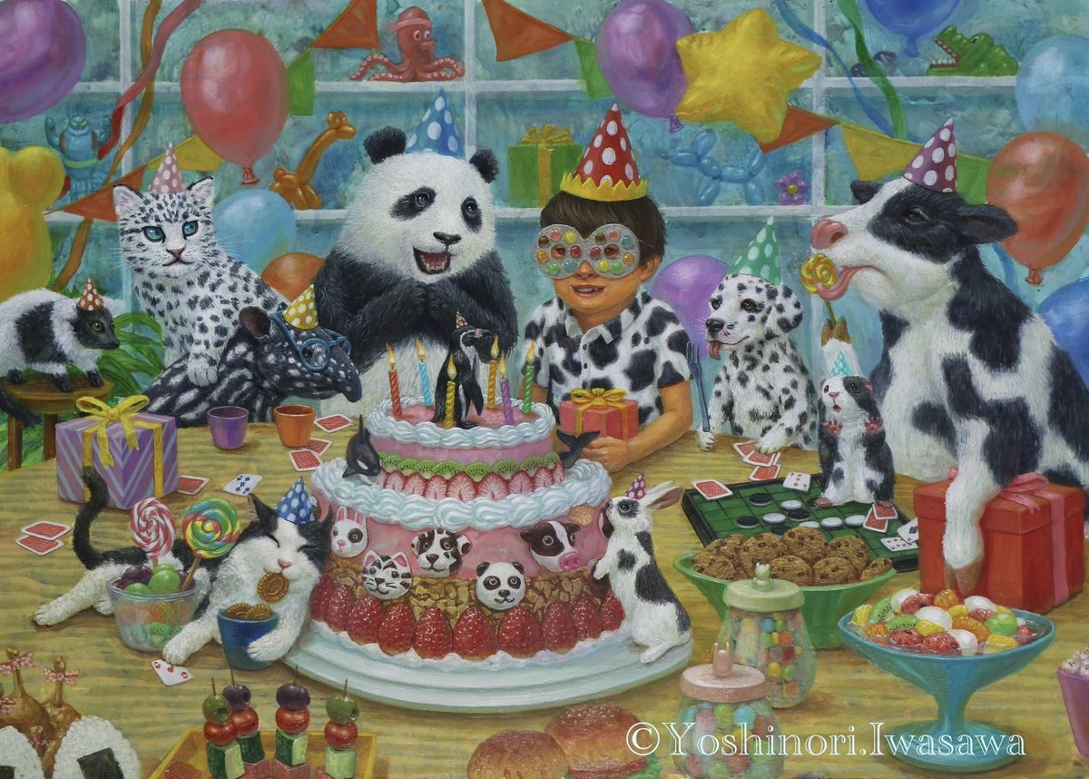 r_swamp83's tweet photo. 「まねっこフレンド」「Imitating friend」
2025 A2サイズ oil on paper
動物達は生まれつきの模様を持っているけれど人間の子供は周りに合わせた模様の服を来ている。人間の子供の誕生日なのに動物達の視線は‥
シニカルな絵として描いてみました。
#まねっこ #油彩  #oilpainting #誕生日 https://t.co/IV7PpPT0Fq